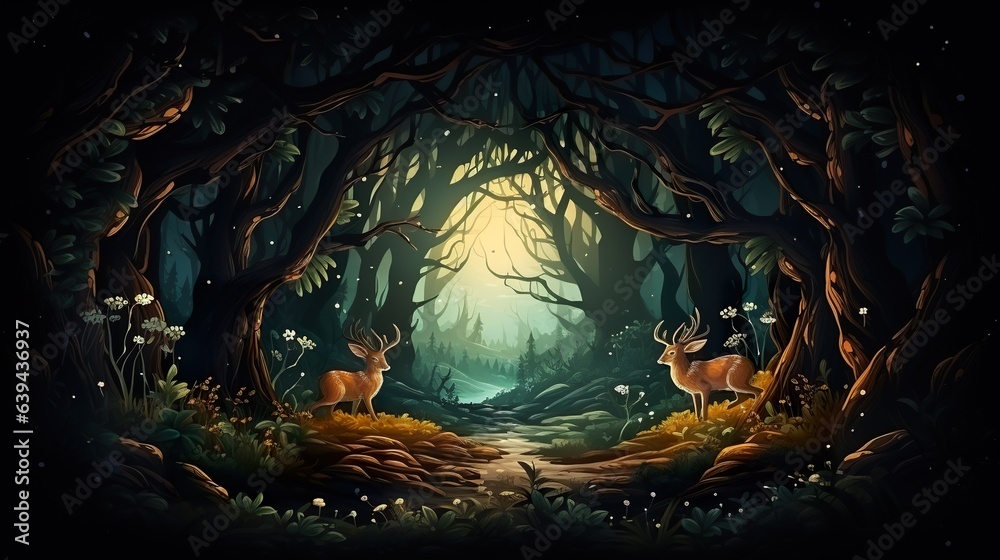 An illustration of a dark green magical forest. Frame background for websites, banners, ads books, posters, backdrops.