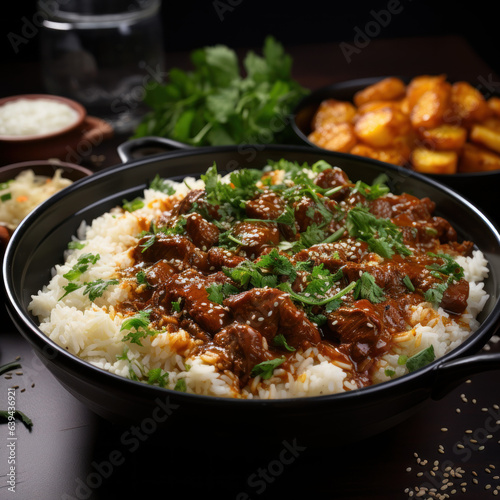 Spicy beef curry. Rice with beef and coconut 