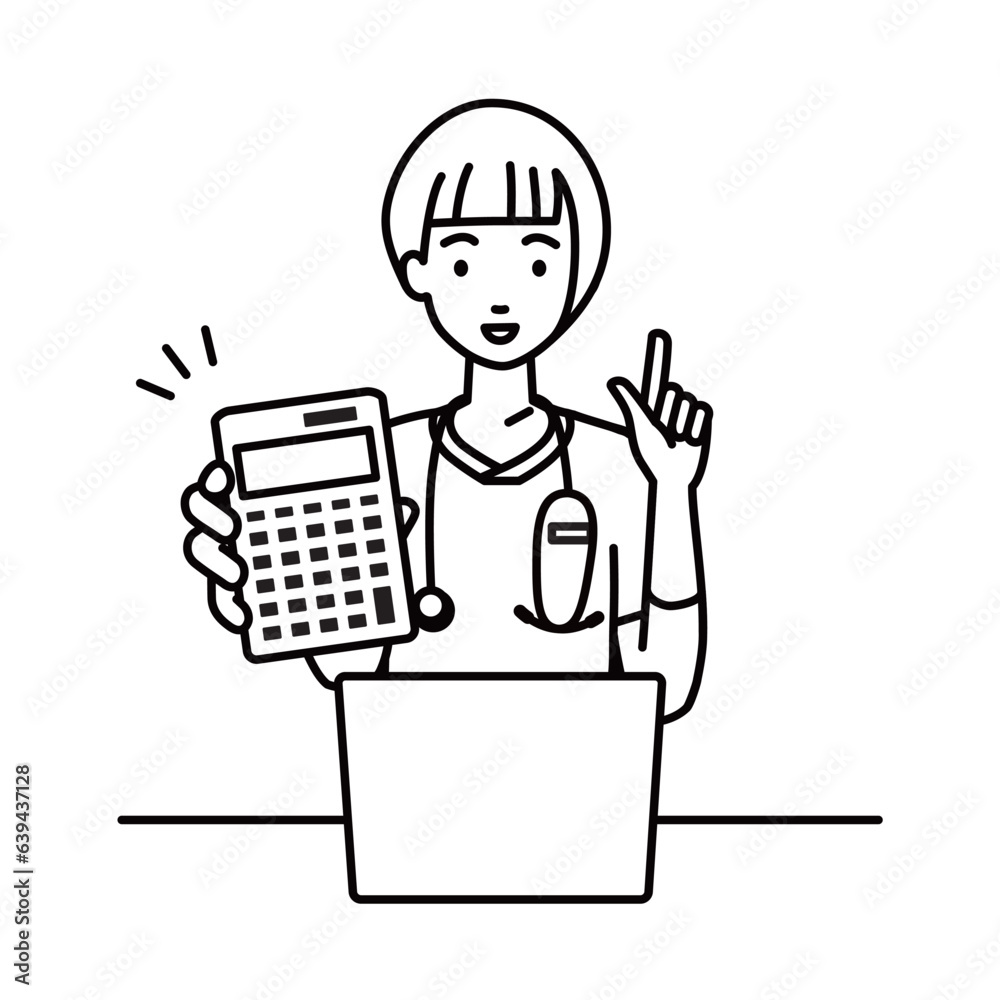 a nurse woman recommending, proposing, showing estimates and pointing a calculator with a smile in front of laptop pc a nurse woman recommending, proposing, showing estimates and pointing a calculator with a smile in front of laptop pc