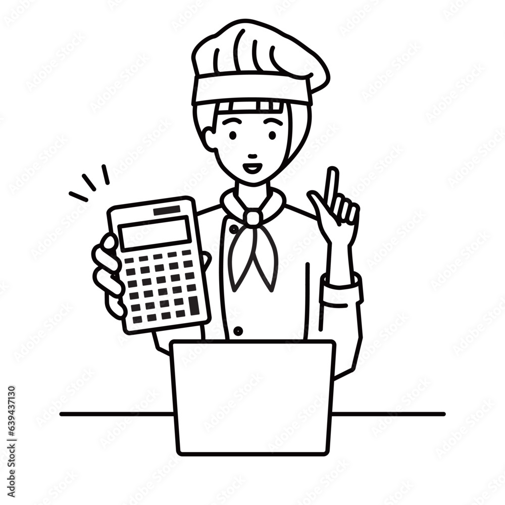 a woman cook recommending, proposing, showing estimates and pointing a calculator with a smile in front of laptop pc