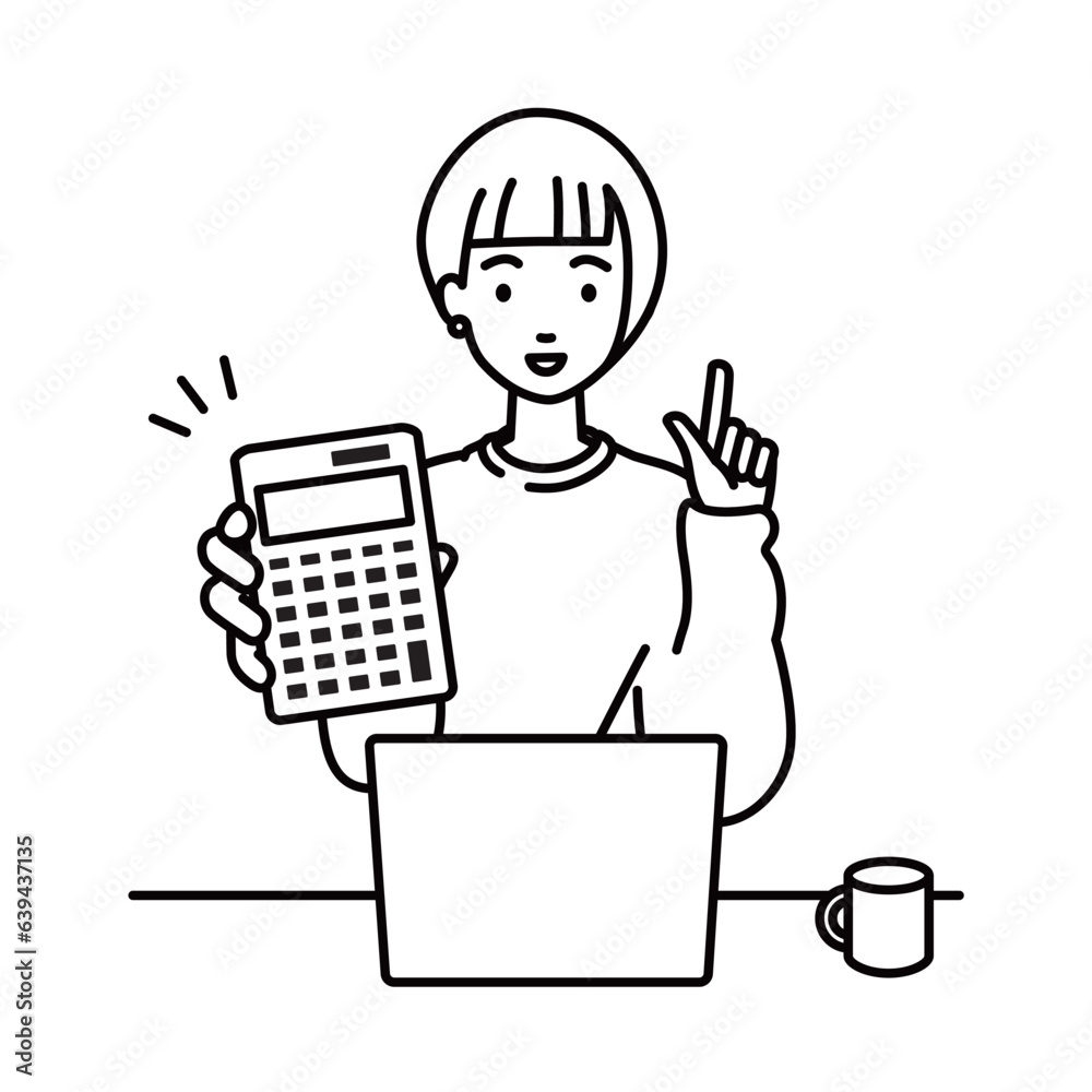 a woman in casual style recommending, proposing, showing and pointing a calculator with a smile in front of laptop pc a woman in casual style recommending, proposing, showing and pointing a calculator with a smile in front of laptop pc