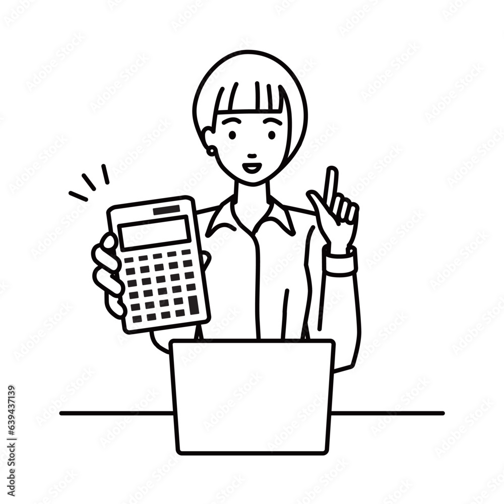 a woman in shirt work style recommending, proposing, showing estimates and pointing a calculator with a smile in front of laptop pc