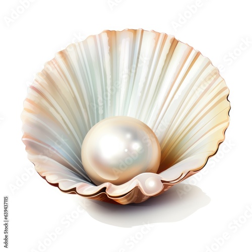 A pearl in a shell on a white background. Digital image.