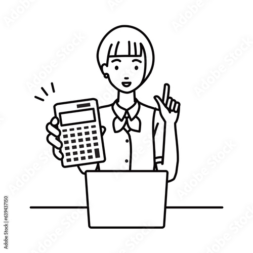 a woman in clerical uniform recommending, proposing, showing estimates and pointing a calculator with a smile in front of laptop pc