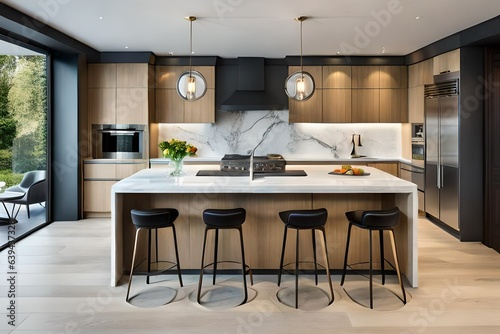 Front view of modern designer kitchen with smooth cupboards with black edges, white glassware, marble island and marble countertop © Nyetock