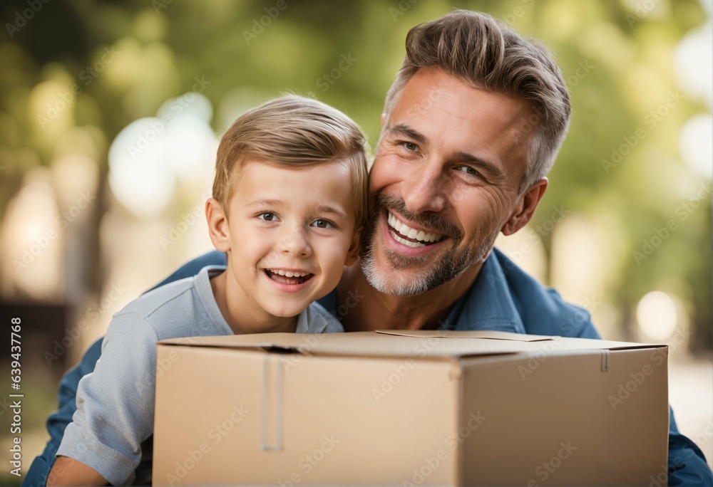 Father and happy son on relocation day - near carton box, having fun, after moving Father and happy son on relocation day - near carton box, having fun, after moving