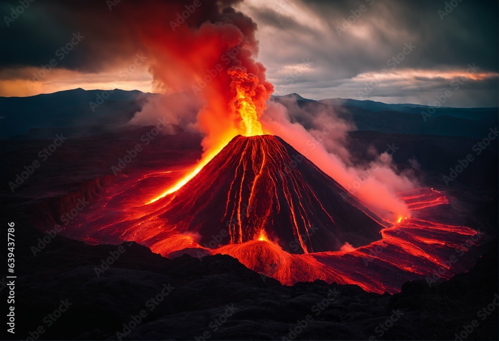 Volcano eruption with lava - concept background, natural disaster, fiery flow