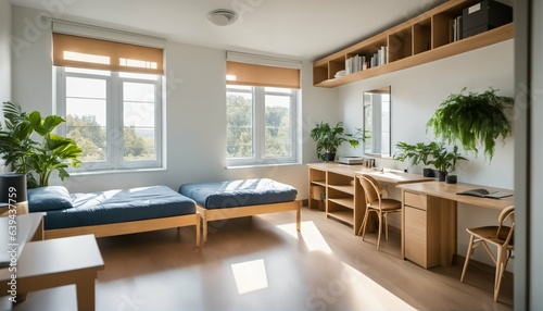 Bright and simple room for two students in student dormitory © ibreakstock