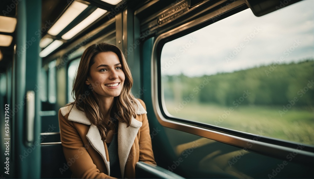 Young female solo traveler enjoys a thoughtful train ride alone with her thoughts, embracing digital detox Young female solo traveler enjoys a thoughtful train ride alone with her thoughts, embracing digital detox