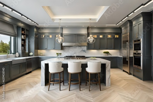 Kitchen interior with wooden floors  marble countertops and white cabinets with built-in appliances. A marble bar stands with stools in the foreground.