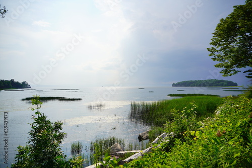 Landscape of Lake Champlain and island at Vermont  USA 
