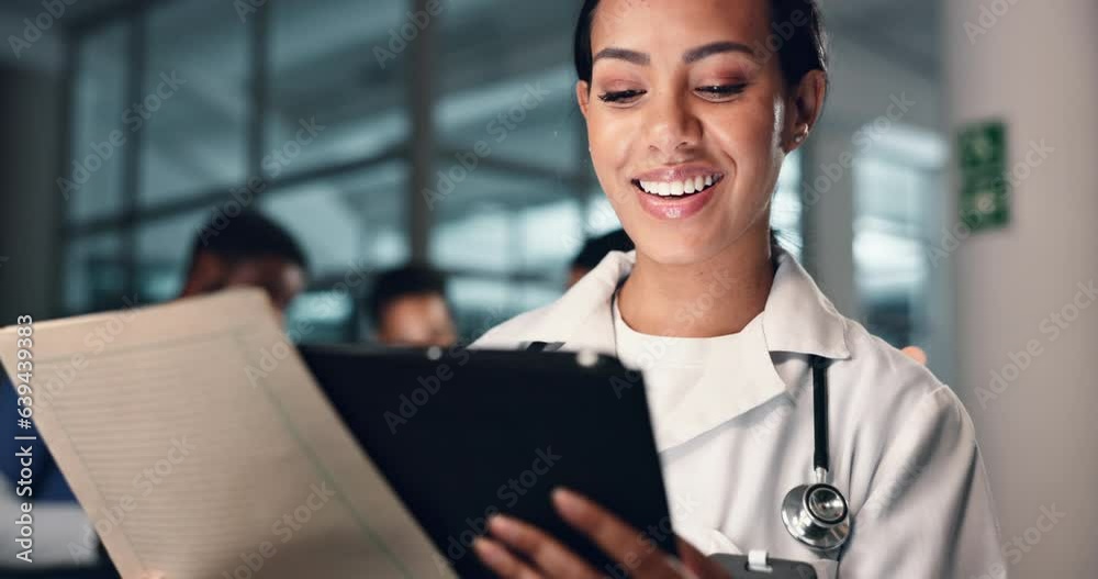 Doctor, woman and tablet with document, night and analysis for results, decision and info in hospital. Medic, digital touchscreen and paperwork for health, history and planning for thinking in clinic Doctor, woman and tablet with document, night and analysis for results, decision and info in hospital. Medic, digital touchscreen and paperwork for health, history and planning for thinking in clinic