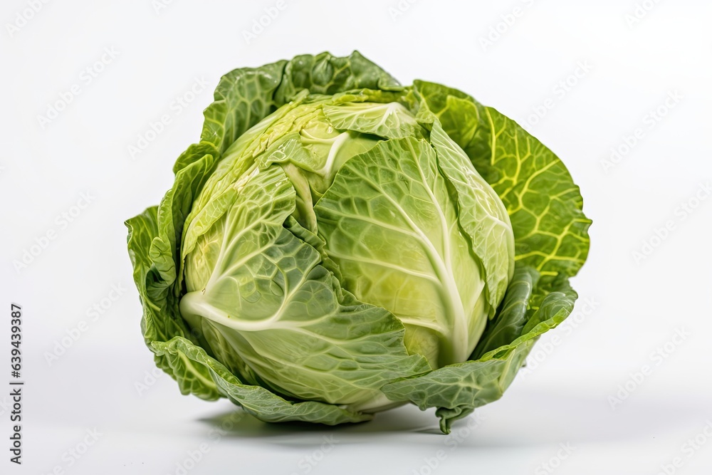 Fototapeta premium Green cabbage is seen alone on a white background. Generative AI