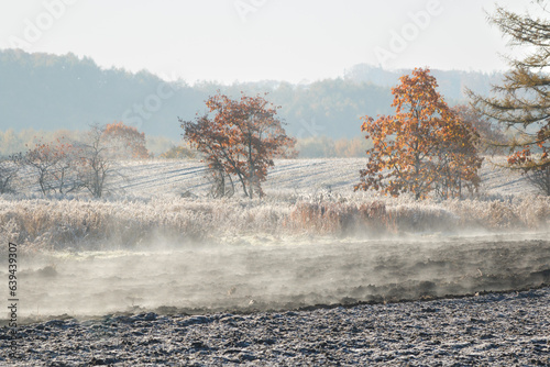 Mist rising off recently ploughed fields on frosty october morning © Alexandra Scotcher