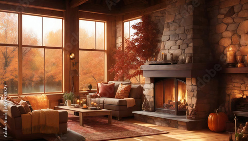 living room and warm fireplace  autumn season