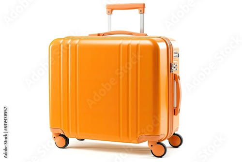 a stylish orange suitcase with white wheels. Symbol of travel represented by a suitcase. Generative AI