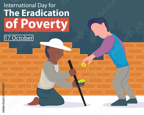 illustration vector graphic of a beggar begging behind the city walls, perfect for international day, the eradication of poverty, celebrate, greeting card, etc.