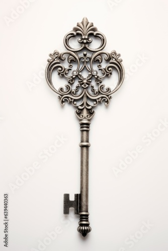 A metal key with an ornate design on it. Digital image.