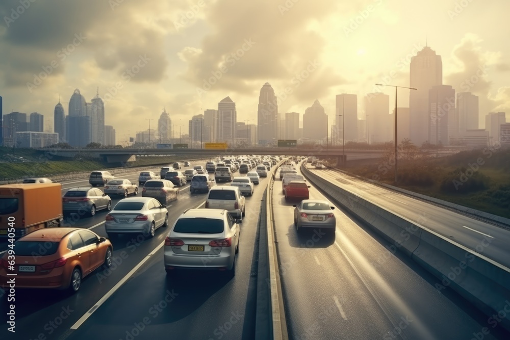 A highway filled with lots of traffic next to tall buildings. Digital image.