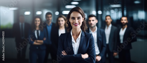 leader businesswoman in suit in with blured team people in office, successful teamwork and confident manager, Generative AI