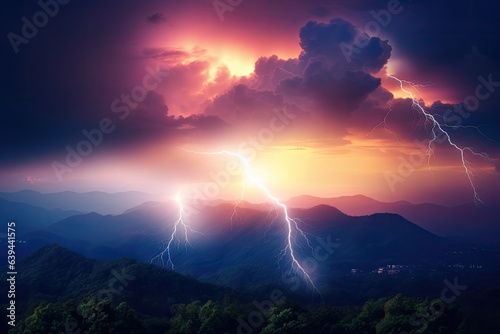 Above the trees, very dazzling lightning strikes arced low. Generative AI