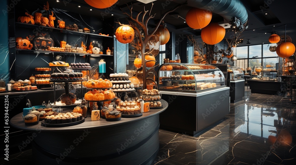 Halloween candy shop with pumpkins, candies and sweets.