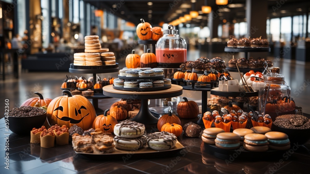 Halloween candy bar with pumpkins, cookies and sweets on table