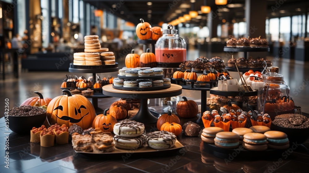 Halloween candy bar with pumpkins, cookies and sweets on table Halloween candy bar with pumpkins, cookies and sweets on table