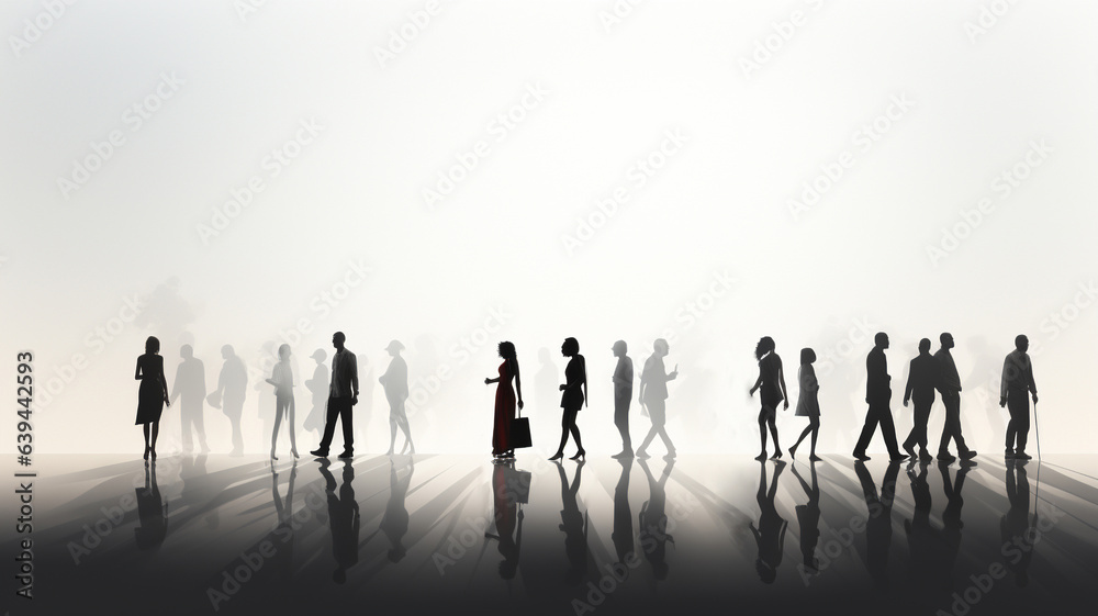 silhouettes of people white background, foggy