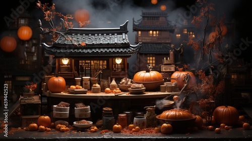 Halloween concept. Scary miniature of traditional japanese village with pumpkins and ghosts.