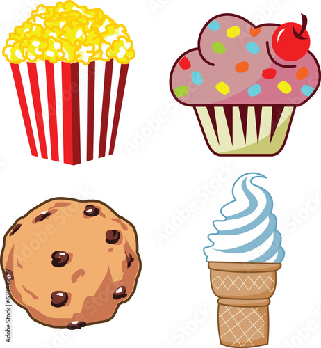 Popcorn, Cupcake, Chocolate Chip Cookie & Vanilla Ice Cream