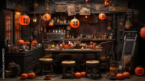 Halloween concept. Scary miniature of traditional japanese ramen house with pumpkins and ghosts.