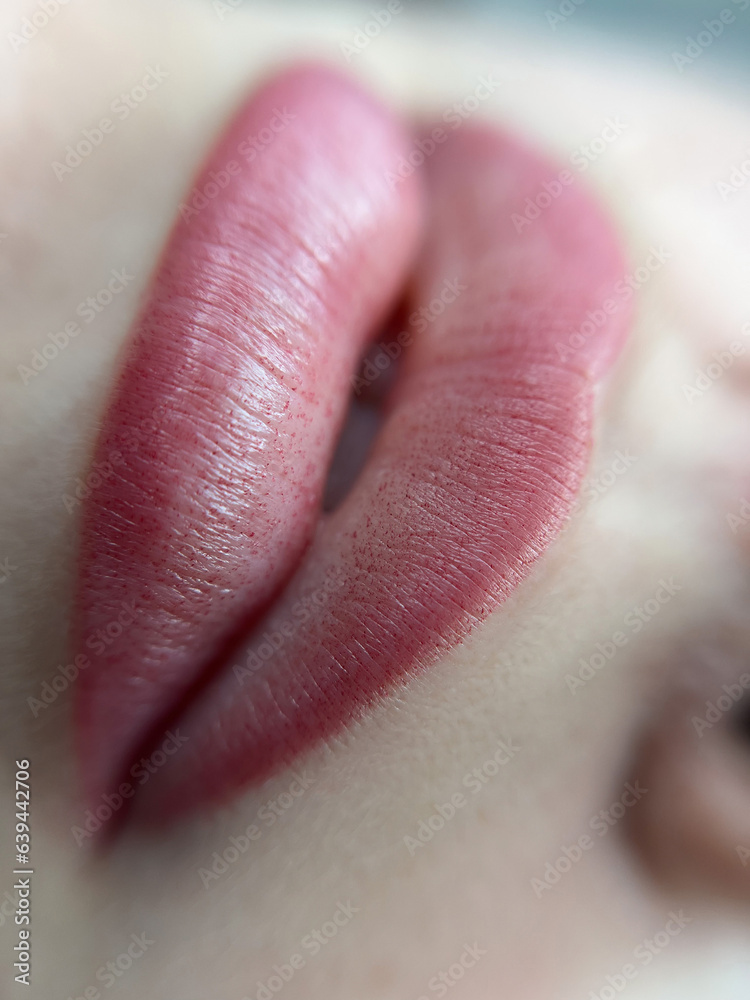 Fototapeta premium permanent makeup on the lips of a young woman of a delicate peach shade close-up, a girl after a cosmetic procedure with smooth and clean healthy skin.