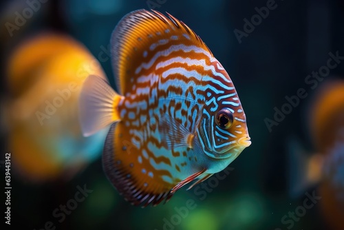 Close-up selective focus of an aquatic aquarium with colorful fish from the Symphysodon discus. Generative AI