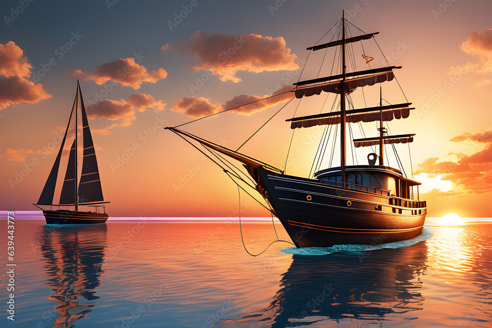 Nice boats and sunset background on the sea. Generative AI