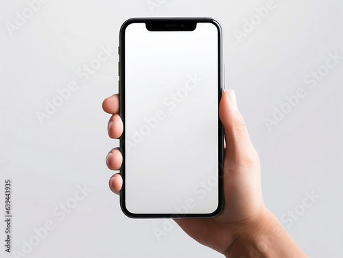 Right hand holding smart phone Mockup and white screen, on white background, isolated for Infographic Business web site design app