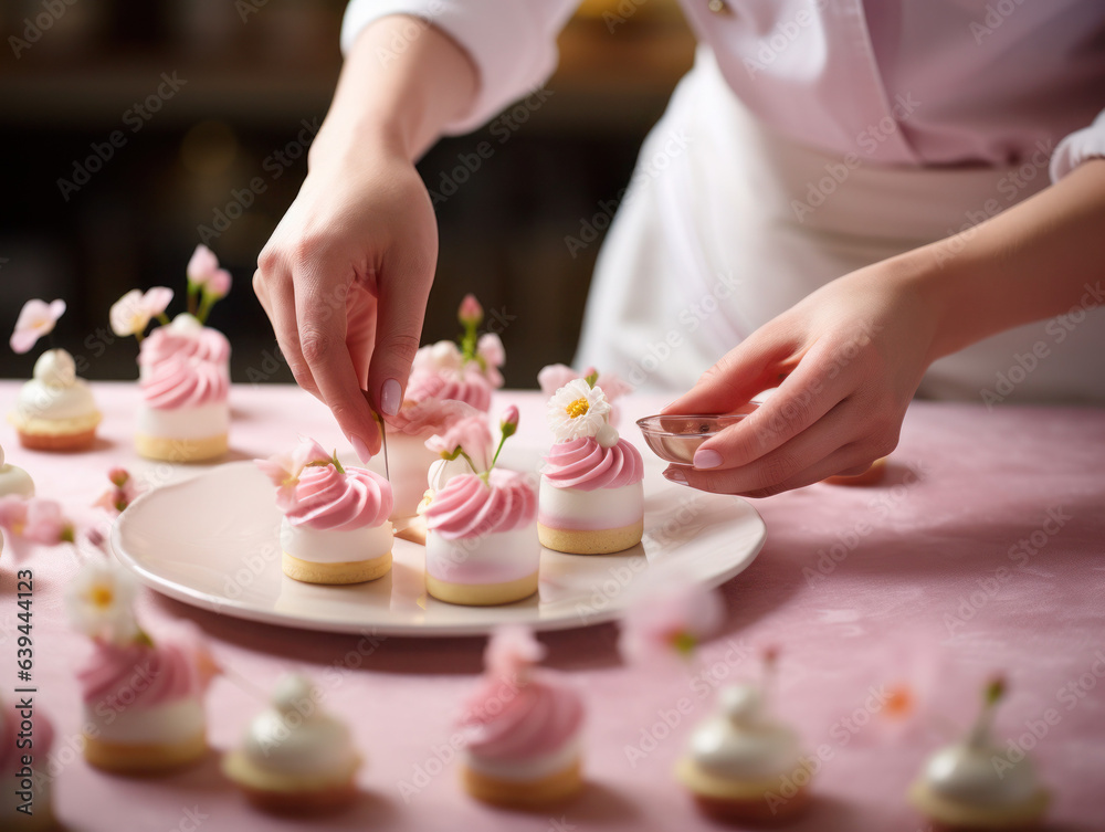 Pastry chef hands decorating pink petit fours, mini desserts Pastry chef hands decorating pink petit fours, mini desserts