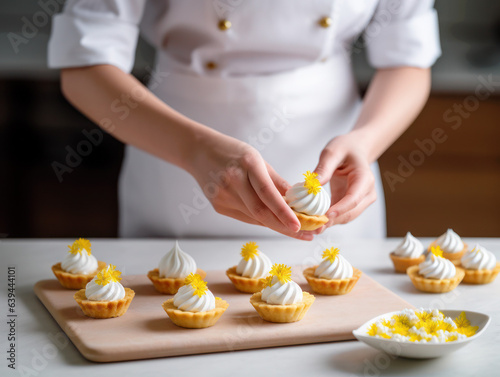 Pastry chef hands decorating yellow petit fours with meringue, mini desserts 