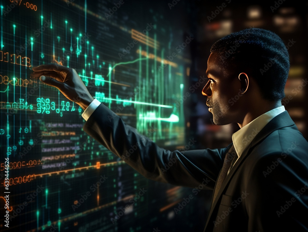 Man pointing at an indicator with bullish figures, representational, textural richness, soft - focus technique,