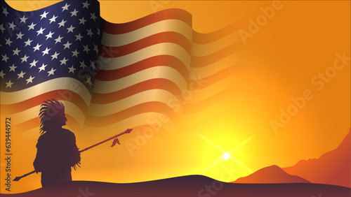 native american day background design with american flag and  native american people vector illustration