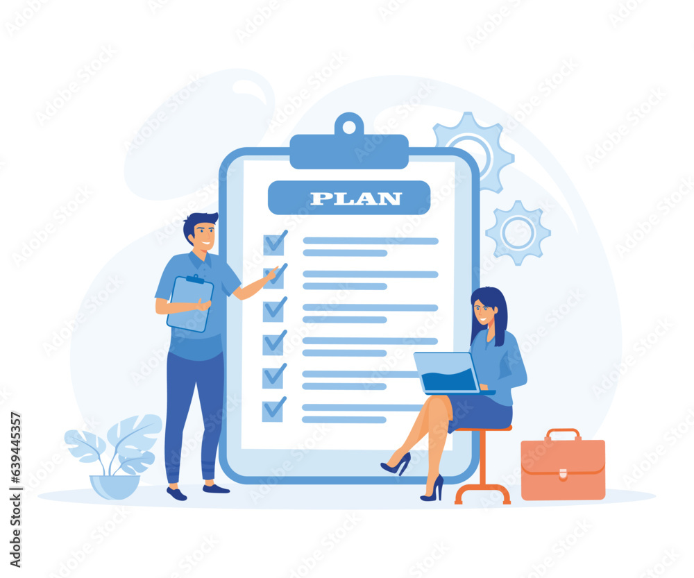 business plan concept. Confident young business leader presenting marketing statistic report to partners. flat vector modern illustration