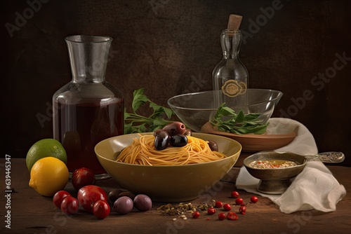 There are some nutritious foods like pasta and olives on a kitchen table. Generative AI