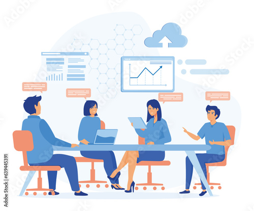 Corporate business team having a meeting in a virtual office room: digital workspace, flat vector modern illustration
