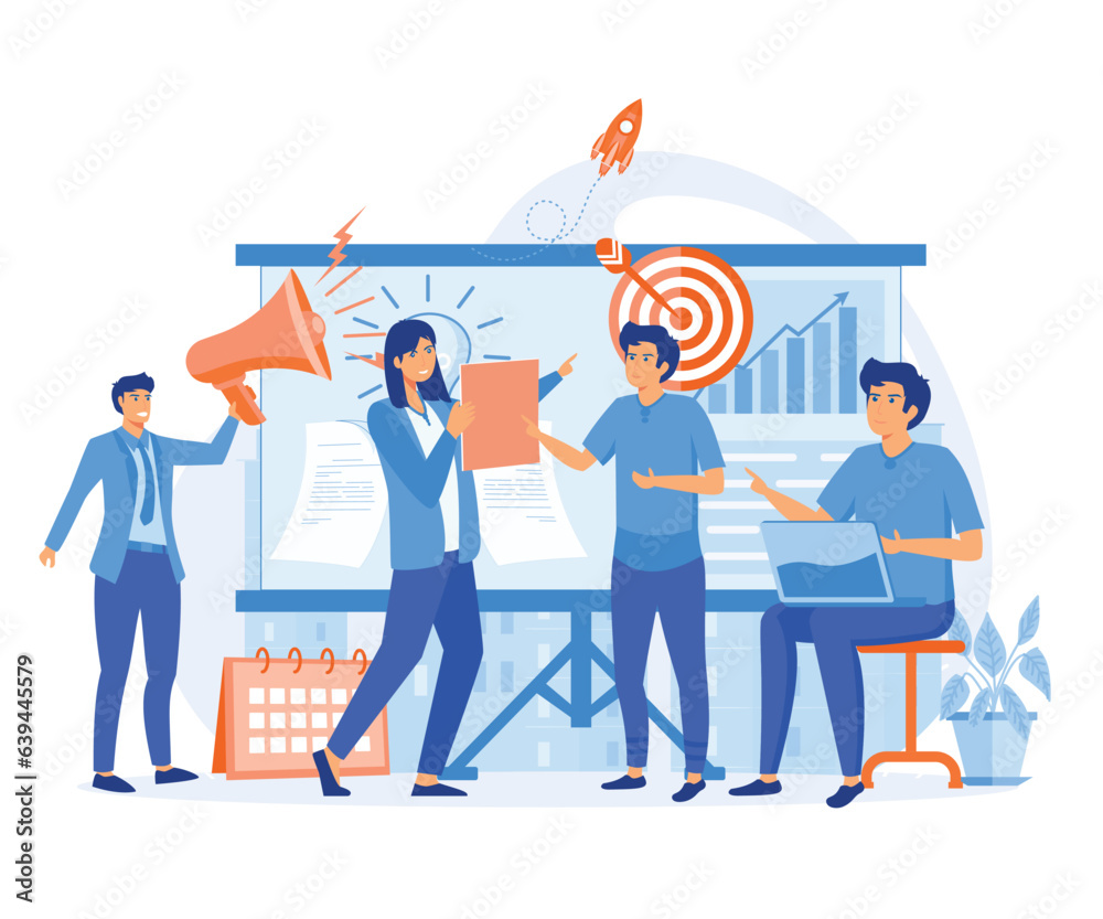 Strategic business planning, people in front of a big screen presenting business vision and mission. flat vector modern illustration