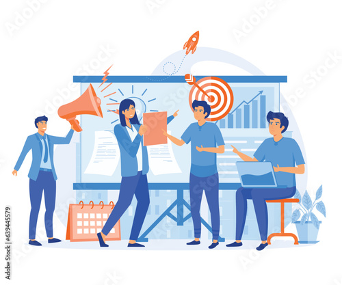 Strategic business planning, people in front of a big screen presenting business vision and mission. flat vector modern illustration