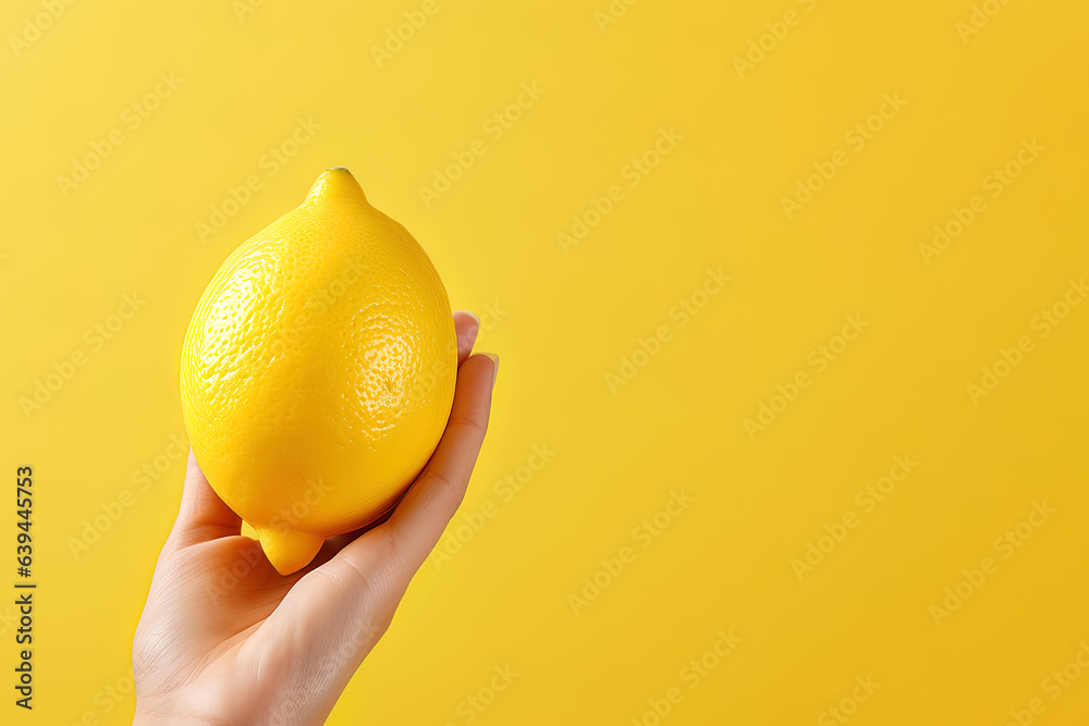 Lemon in hand isolated on yellow background with copy space Lemon in hand isolated on yellow background with copy space