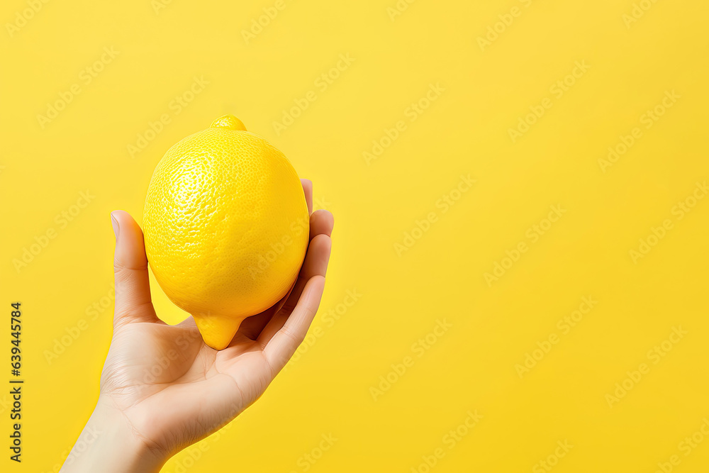 Lemon in hand isolated on yellow background with copy space Lemon in hand isolated on yellow background with copy space