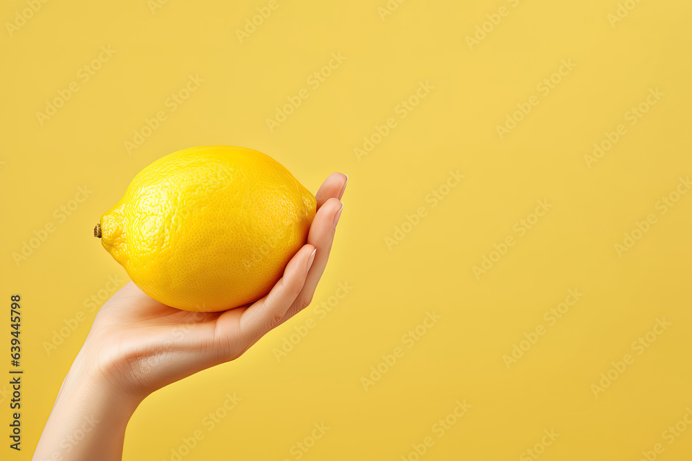Lemon in hand isolated on yellow background with copy space