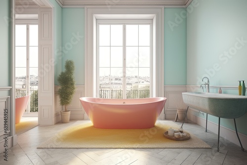 bathroom with color. Mockup from the past including a bathtub vase and lights. Generative AI © Vusal