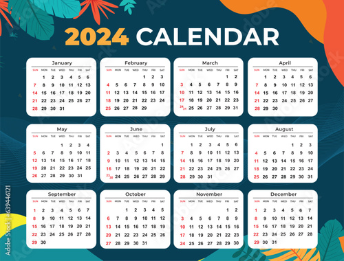 Hand drawn annual 2024 calendar template.  2024 new year calendar background in floral style